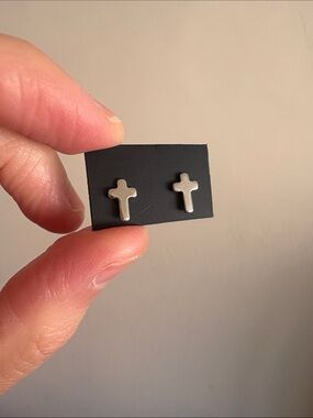 Small Silver Tone Cross Stud Earrings